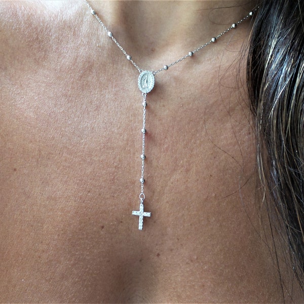 Cross Rosary Necklace / Silver Rosary Bead Necklace / Rosary Bead Necklace / Cross Necklace / Virgin Mary Necklace / Virgin Mary Medallion