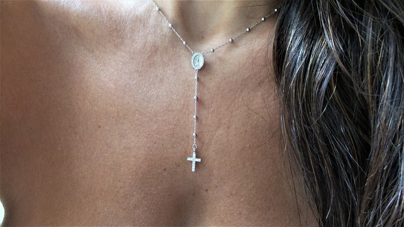 Cross Rosary Necklace / Silver Rosary Bead Necklace / Rosary Bead Necklace / Cross Necklace / Virgin Mary Necklace / Virgin Mary Medallion image 1