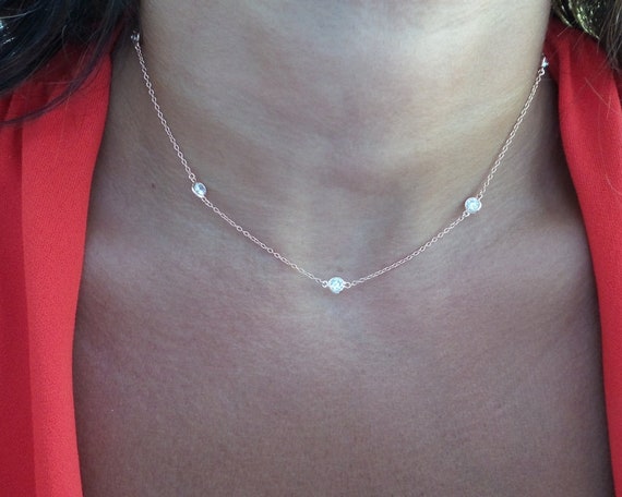 Rose Gold Plated CZ Station Necklace: 925 Sterling Silver