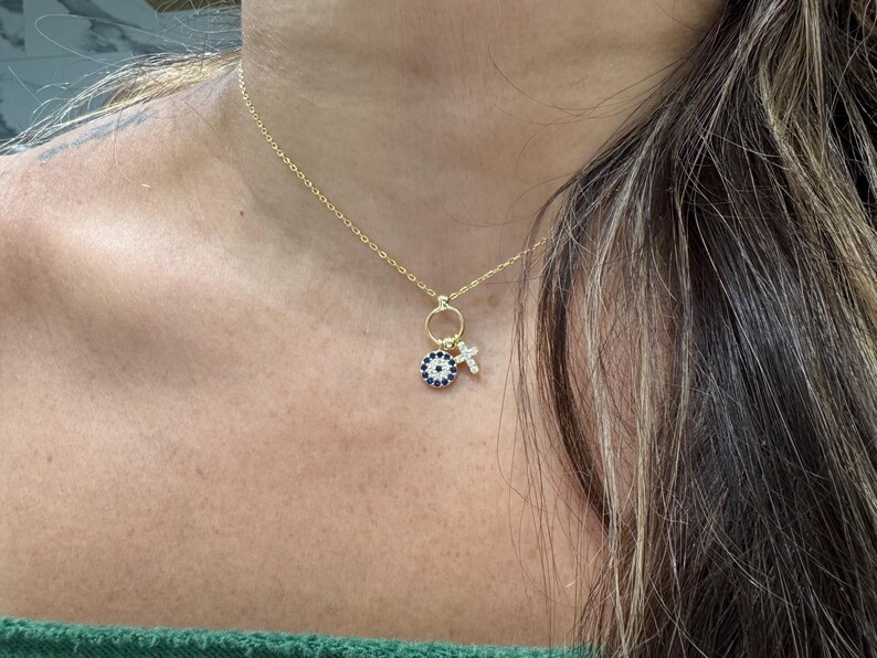 Evil Eye Cross Necklace / Small Evil Eye Cross Charm Necklace / Layering Cross Protection Necklace / Dainty Cross Evil eye Charm