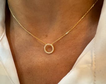 Sterling Silver CZ Circle Necklace: Dainty Infinity Pendant