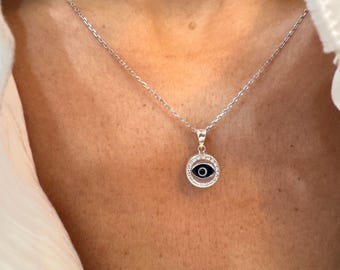 Sterling Silver Evil Eye Pendant Necklace: Round Charm