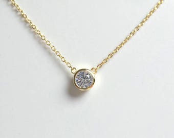 Cubic Zirconia Solitaire Necklace: Gold Plated Sterling Silver Bezel Pendant