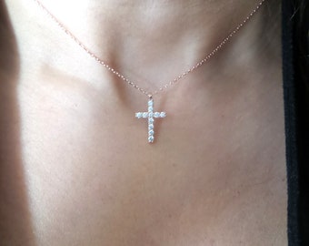 Rose Gold CZ Cross Necklace: 925 Sterling Silver, Dainty Minimalist Pendant