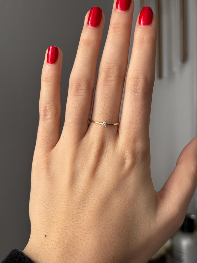 14K Solid Gold Lab Diamond Solitaire Ring • Dainty Promise Ring for Her • Minimalist Engagement Ring • Thin Gold Band •