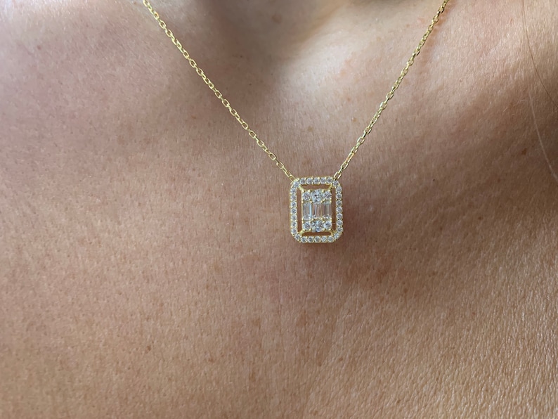 Baguette Diamond CZ Necklace / Gold Diamond Baguette Round Cz Necklace / Silver Diamond Cz Necklace image 2