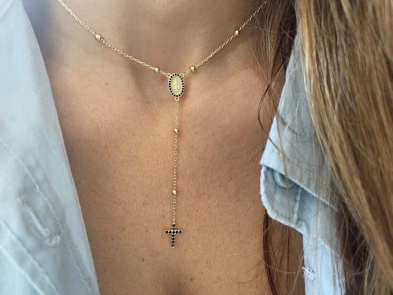 Cross Rosary Necklace / Black Diamond Cz Rosary Bead