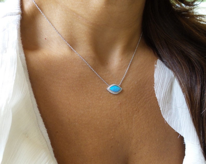 Opal Necklace Evil Eye Necklace Opal Evil Eye Necklace Cz Opal Necklace Kabbalah Jewelry Sterling Silver Evil Eye Yoga Jewelry