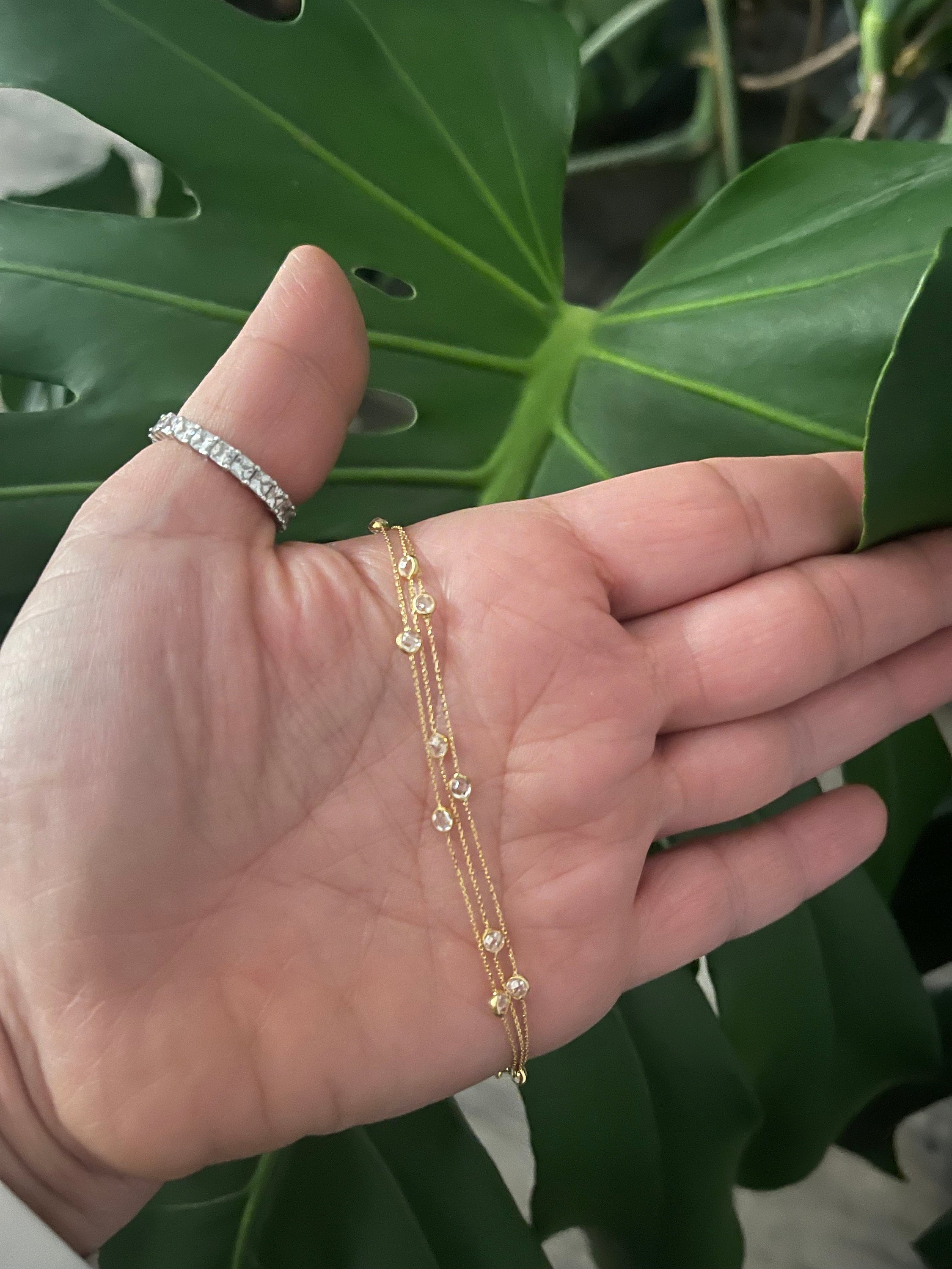 14k Gold Diamond Cz Station Multi Strand Bracelet/ 14k Gold