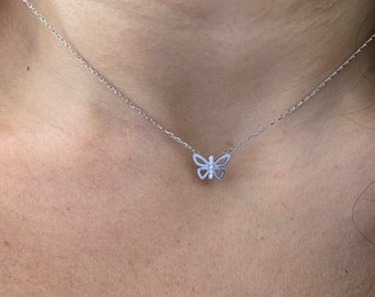 Dainty Sterling Silver Butterfly Necklace: CZ Charm Pendant