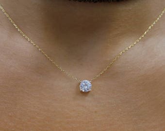 Diamond CZ Necklace/ 14k Gold Cubic Zirconia 0.50ct Necklace/ Delicate Pendant/  Bridal Necklace/ Prong Set Gold  Necklace
