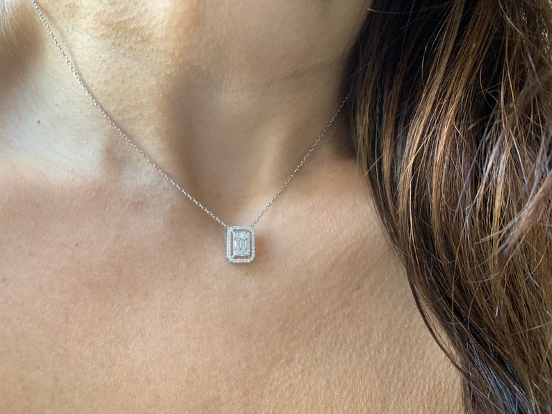 Baguette Diamond CZ Necklace / Gold Diamond Baguette Round Cz Necklace / Silver Diamond Cz Necklace image 9