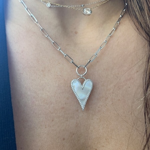 CZ & Mother of Pearl Heart Paper Clip Necklace: Sterling Silver