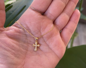 CZ Mini Cross Necklace: Yellow Gold Sterling Silver, Dainty