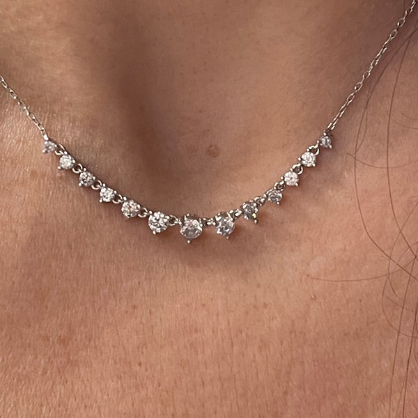 Diamond Dangling Cz Necklace / Tennis Necklace / Half Tennis Necklace / Bridal Party Gift / Sterling Silver CZ Tennis Necklace