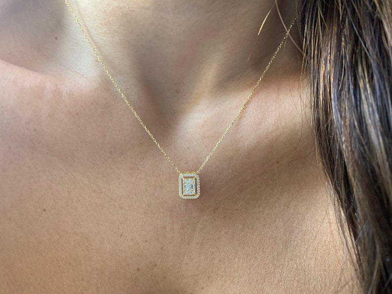 Baguette Diamond CZ Necklace / Gold Diamond Baguette Round Cz Necklace / Silver Diamond Cz Necklace image 3