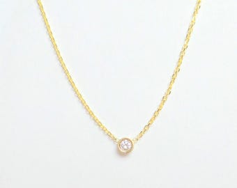 14k Gold Diamond Solitaire Necklace: Dainty Bezel Set Pendant