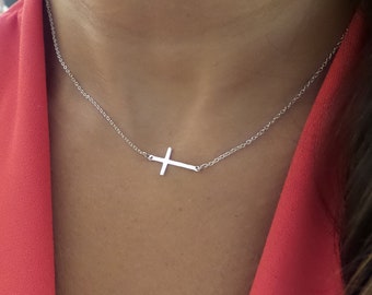 Cross Necklace / Sideways Cross Necklace / Sterling Silver Cross Necklace / Dainty Cross / Communion Cross / Everyday Cross