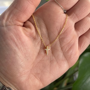 Dainty CZ Cross Necklace: Yellow Gold Sterling Silver