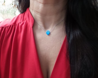 Sterling Silver Blue Opal Hamsa Necklace: Hand of God, Yoga Jewelry