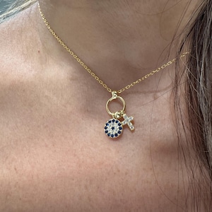 Evil Eye Cross Necklace / Small Evil Eye Cross Charm Necklace / Layering Cross Protection Necklace / Dainty Cross Evil eye Charm