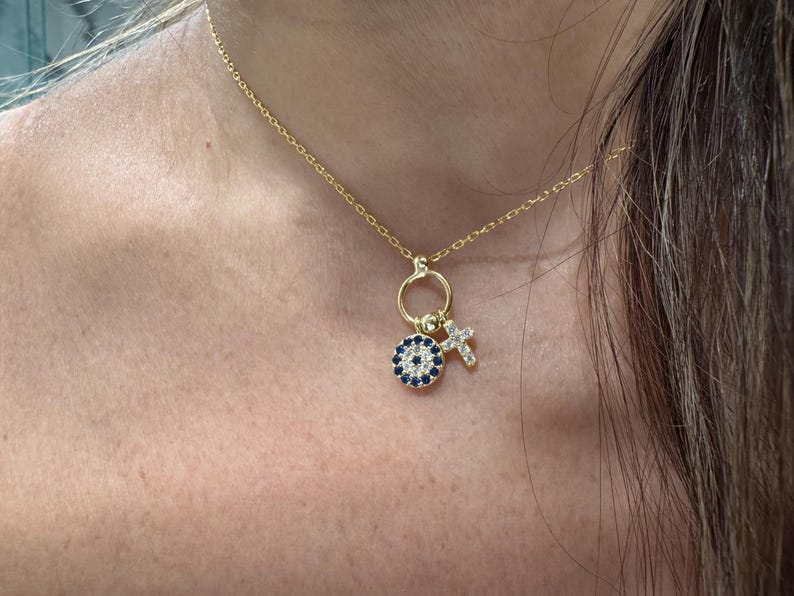 Evil Eye Cross Necklace / Small Evil Eye Cross Charm Necklace / Layering Cross Protection Necklace / Dainty Cross Evil eye Charm