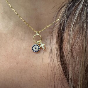 Evil Eye Cross Necklace / Small Evil Eye Cross Charm Necklace / Layering Cross Protection Necklace / Dainty Cross Evil eye Charm
