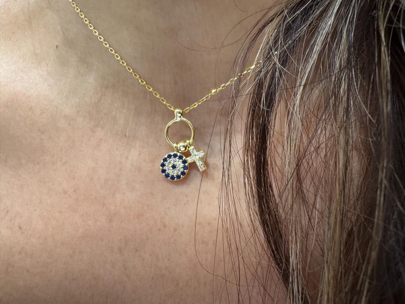 Evil Eye Cross Necklace / Small Evil Eye Cross Charm Necklace / Layering Cross Protection Necklace / Dainty Cross Evil eye Charm