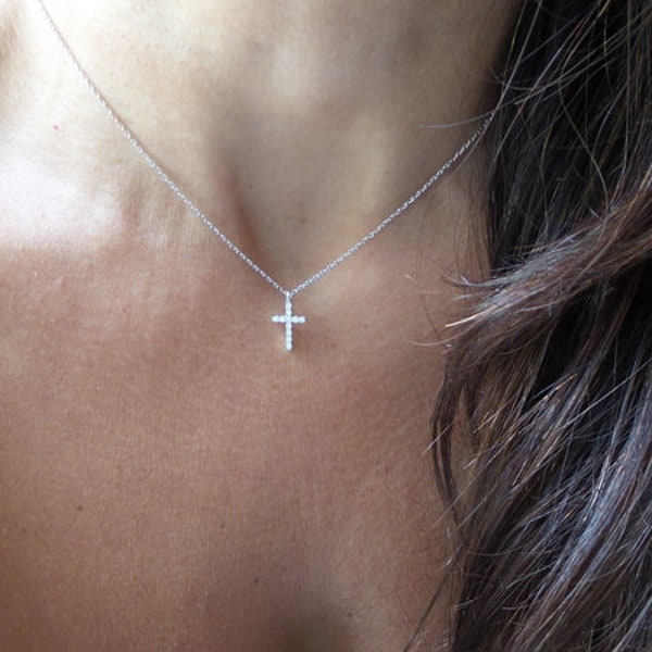 Small Cross Necklace / Cross Necklace / Diamond Cz Cross Necklace / Sterling Silver Cross / Dainty Cross Necklace / Minimalist Cross Pendant