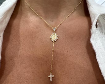 Gold Rosenkranz Halskette: Sterling Silber Cubic Zirkonia Kreuz, Jungfrau Maria Medaillon