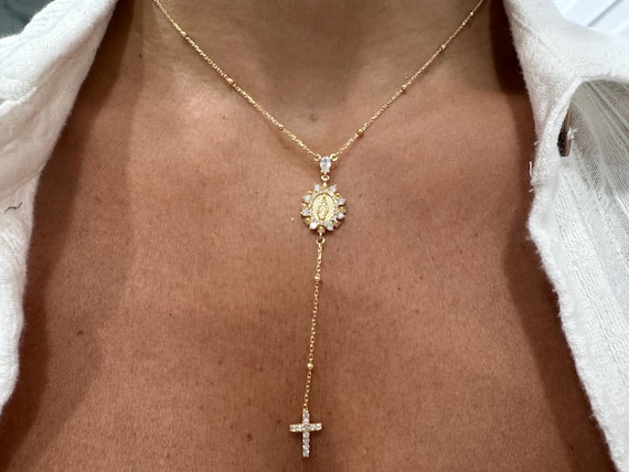 Gold Rosary Necklace: Sterling Silver Cubic Zirconia Cross, Virgin Mary Medallion