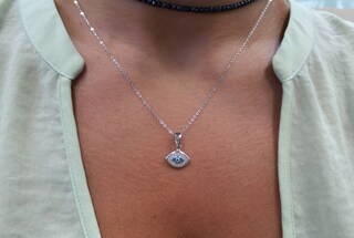 Ciondolo E Collana Occhio Malocchio In Argento 925 Con Zirconie Cubiche Bianche E Nere, Catena 40+5 Cm, Gioiello Antiallergico