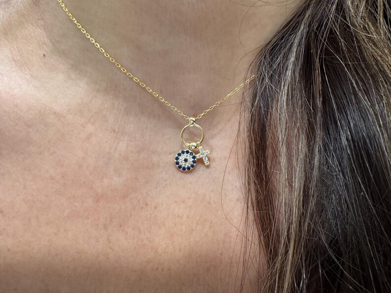 Evil Eye Cross Necklace / Small Evil Eye Cross Charm Necklace / Layering Cross Protection Necklace / Dainty Cross Evil eye Charm
