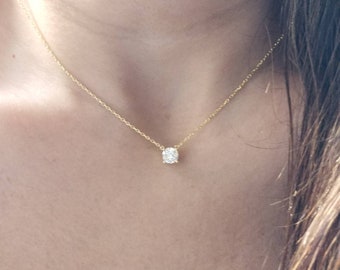 Diamond Solitaire Necklace / CZ Solitaire Pendant / Dainty Solitaire Necklace / Minimalist Necklace / Solitaire Prong Necklace / Bridal