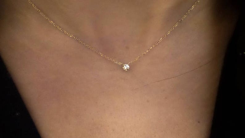 Diamond Necklace 0.05ct / 14k Gold Diamond Solitaire Necklace / Diamond ProngSet Necklace / Floating Diamond / Dainty Diamond Necklace / Min image 3