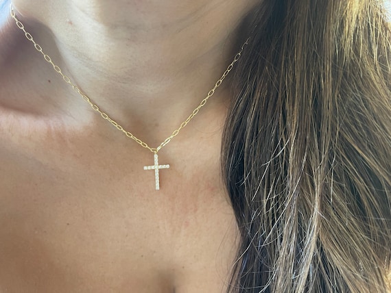 CZクロスペーパークリップネックレス：スターリングシルバー、イエロー 