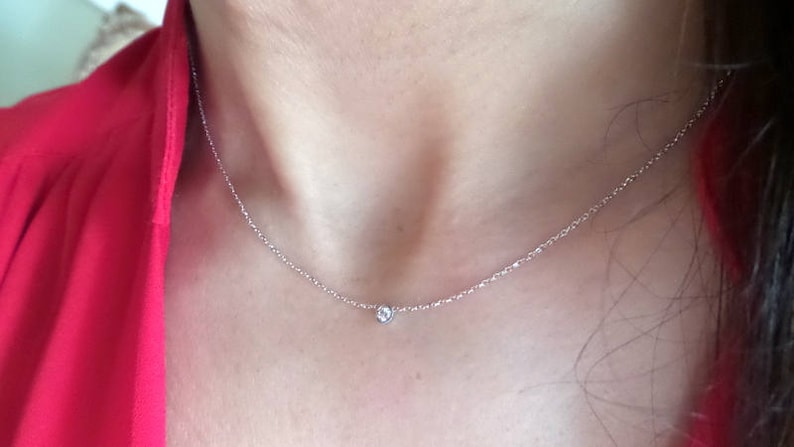 Diamond Necklace / 14k Gold Diamond Necklace / Floating Diamond Necklace / Solitaire Diamond Necklace / Diamond Bezel Necklace / Dainty imagem 2