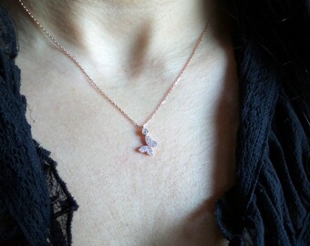 Rose Gold Plated Butterfly Necklace: Cubic Zirconia Sterling Silver