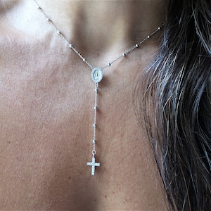 Cross Rosary Necklace / Silver Rosary Bead Necklace / Rosary Bead Necklace / Cross Necklace / Virgin Mary Necklace / Virgin Mary Medallion image 3