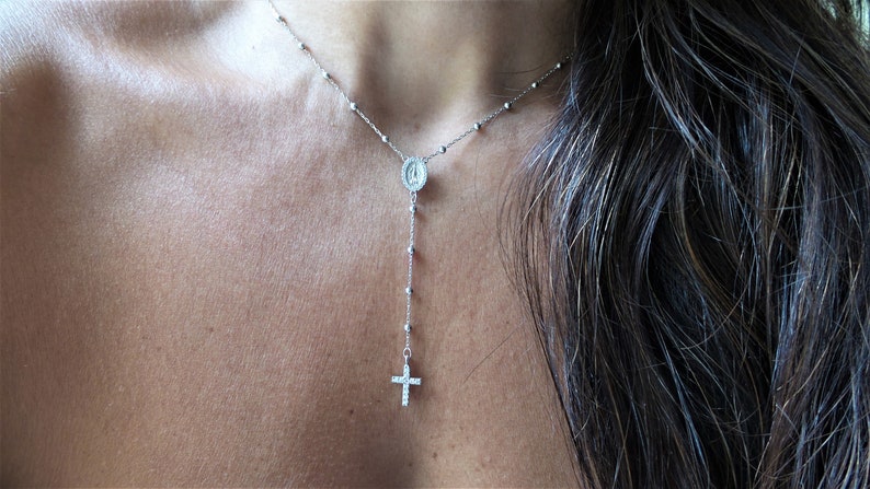 Cross Rosary Necklace / Silver Rosary Bead Necklace / Rosary Bead Necklace / Cross Necklace / Virgin Mary Necklace / Virgin Mary Medallion image 3