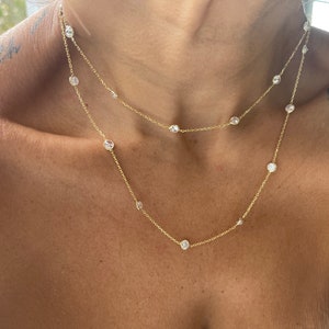 Diamond Station Necklace / Gold Diamond Cz Station Necklace / Solitaire Bezel Necklace / Station Necklace / Bridal Diamond Necklace