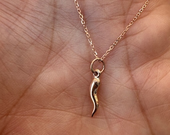 14K Rose Gold Italian Horn Necklace: Mini Gold Pendant