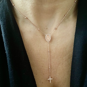 Cross Rosary Necklace / Gold Rosary Bead Necklace / Rosary Bead Necklace / Cross Necklace / Virgin Mary Necklace / Virgin Mary Medallion