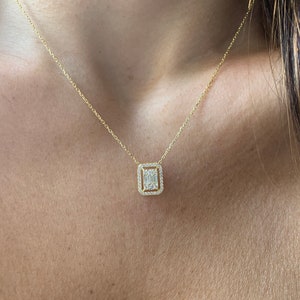 Gold Baguette CZ Necklace: Sterling Silver Sliding Pendant