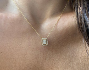 Baguette Diamond CZ Necklace / Gold Diamond Baguette Round Cz Necklace / Silver Diamond Cz Necklace