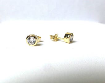 Yellow Gold Plated CZ Studs: Sterling Silver Bezel Earrings