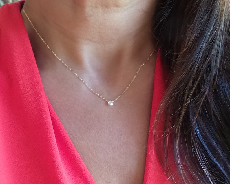 Diamond Necklace / 14 Gold Solitaire Diamond Necklace / Diamond Bezel Necklace / Minimalist Diamond Necklace / Dainty Diamond / Bridal Gift image 2