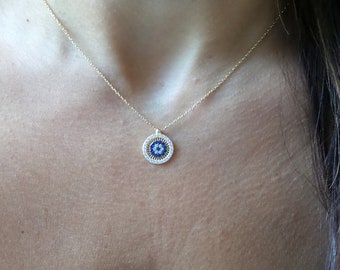 Evil Eye Necklace / Gold Evil Eye Necklace / Protection Necklace / Yoga Necklace / Round Evil Eye / Kabbalah Jewelry