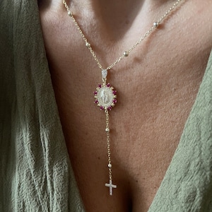 Ruby Cross Rosary Necklace: Gold Virgin Mary Medallion, Sterling Silver