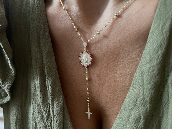 Ruby Cross Rosary Necklace: Gold Virgin Mary Medallion, Sterling Silver